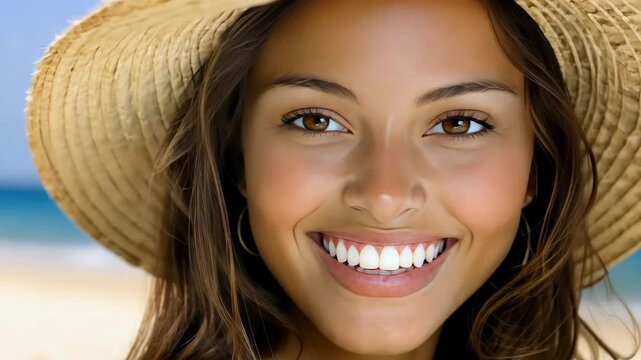 Smiling young woman with sunhat enjoys sunny beach day with clear ocean view and sandy shore in the background