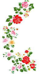 Colorful Floral Arrangement with Roses and Green Leaves on White Background