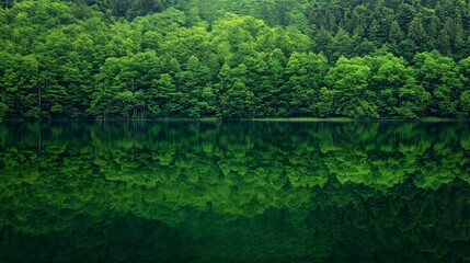 Serene lake reflecting lush forest; calm water, green trees, nature backdrop; ideal for travel brochure