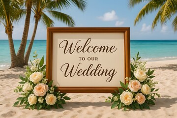 Wedding Beach Welcome: A beautifully decorated welcome sign invites guests to a beach wedding ceremony, framed by elegant floral arrangements against a backdrop of blue ocean, golden sand.