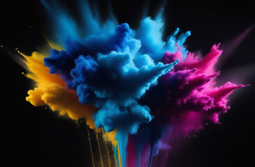 Paint Ink drop in water. Motion color explosion smoke, colour fluid splash vapor cloud on glitter dust texture black abstract art background