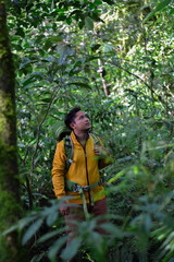 Southeast asian Indonesian hiker in a yellow jacket exploring the forest