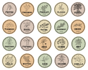 Pantry spice jar seasoning label sticker organizer set. Cardboard food labels or stickers for kitchen food containers with spices. Labels, stickers, craft decals, floral frame and spice name