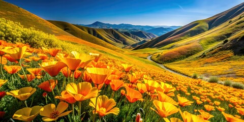 Fototapeta premium California's golden spring: a poppy superbloom explodes across Riverside County hills, a breathtaking sight.