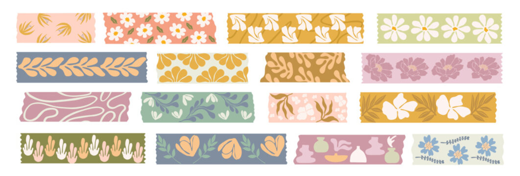 Washi tapes Abstract Flowers collection. Colorful scrapbook stripes, sticky label tags, decorative scotch strip with floral abstract elements. Border elements, digital stickers vector illustration.