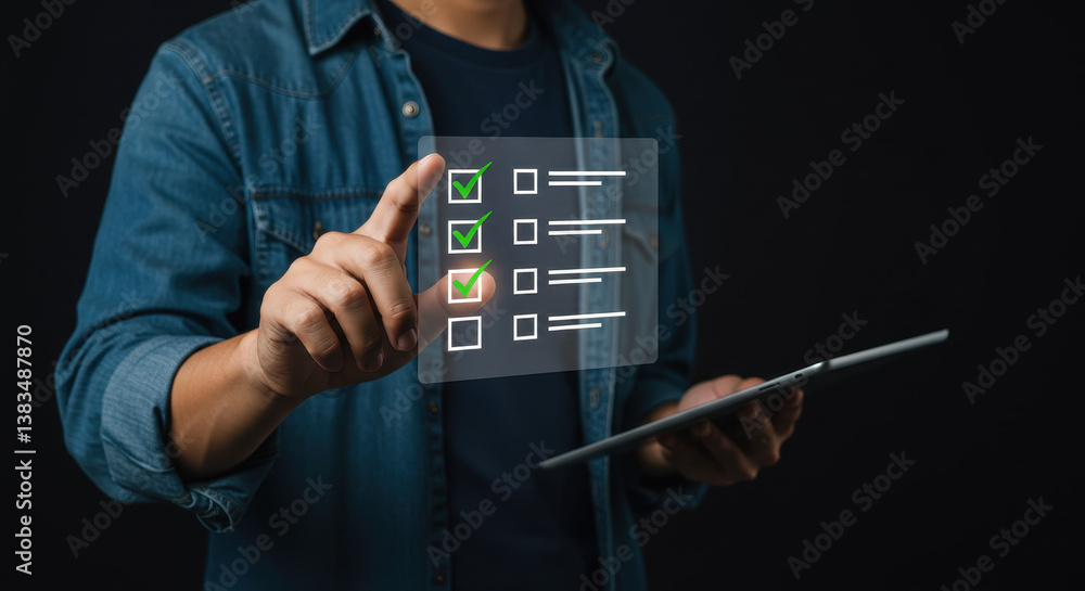 Poster digital checklist: man completes tasks on tablet, green checks indicate success. streamline workflow
