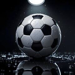 Naklejka premium Black and White Soccer Ball on Wet Surface