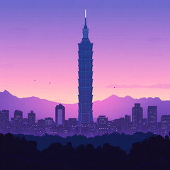 Naklejka premium stunning illustration of city skyline featuring tall tower against vibrant purple and pink sunset. scene captures essence of urban life and architectural beauty
