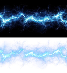 Blue electric lightning bolt for energy effects, sci-fi scenes or action overlays isolated on transparent background