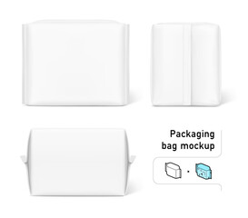 Packaging bag mockup. Front, flat lay and side views. Vector illustration isolated on white background. Ready for your design. Suite for the presentation of pads, diaper, wipes, etc. EPS10. © realstockvector