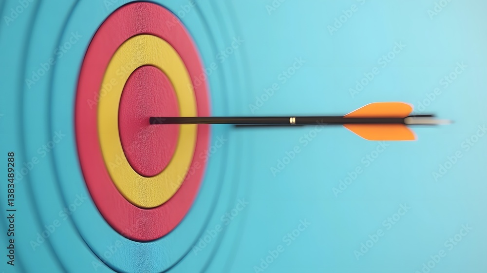 Poster precise aiming at target with arrows in motion, 3d of skill and focus