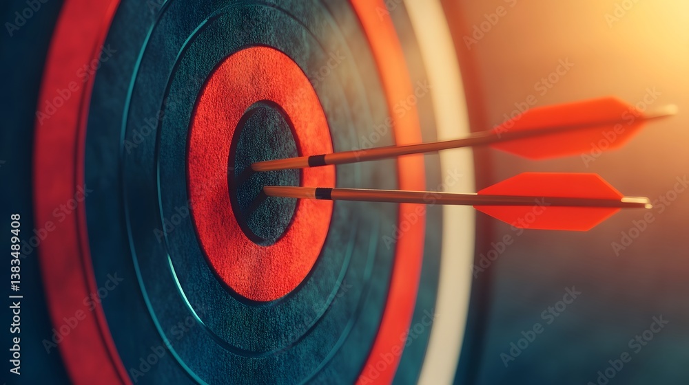 Poster precise arrows in motion hitting a detailed 3d target