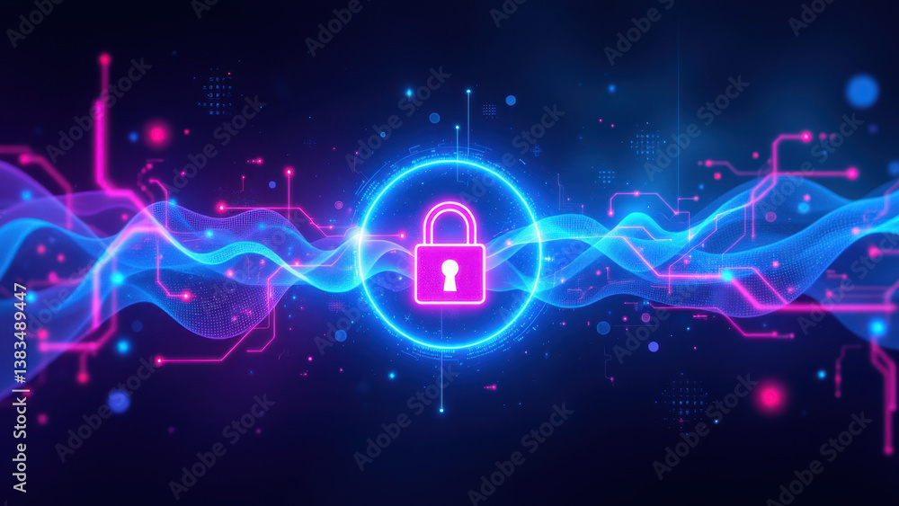 Poster a digital image representing cybersecurity featuring a lock with blue and purple circuit board patte