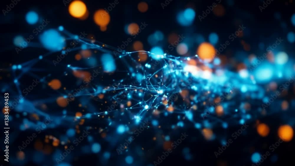 Poster vibrant and abstract visualization of technology with blue and orange neon lights and a network of c