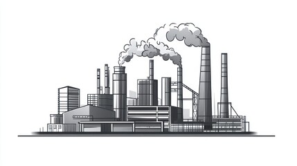 Fototapeta premium Industrial complex, monochrome drawing, smoke stacks, factory buildings