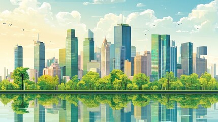 Obraz premium New York City skyline reflected in placid lake, park in foreground, sunrise