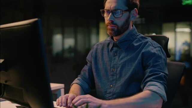 Caucasian business man guy professional employer manager at dark night office overworked feel backache sedentary computer work back pain tired male businessman hurt discomfort overload health problem