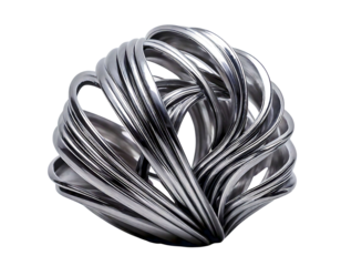 Abstract metallic sculpture.  Intertwined polished metal rings create a dynamic, modern form.  Perfect for concepts of connection, complexity, or technology.