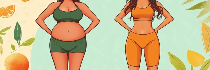 Transformation of fitness journey showcasing body change from overweight to athletic with vibrant colors and natural elements