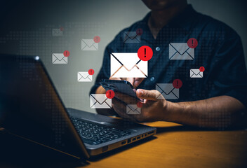 Urgent email alerts prompt quick responses home office digital interaction nighttime close-up...
