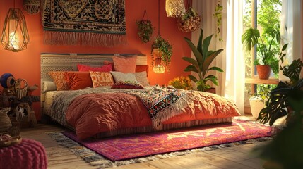 Sunny bohemian bedroom with vibrant textiles and plants.