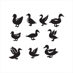 set of black silhouettes of swans birds