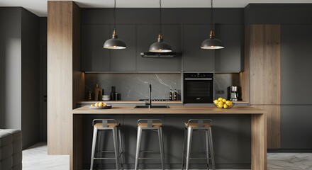 Modern Kitchen with Dark Cabinets, Wooden Island, and Pendant Lights - Sleek and Stylish Interior Design