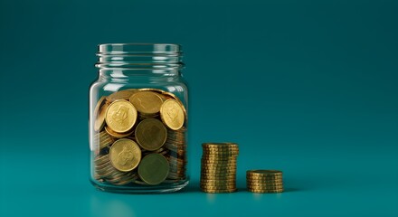 Glass Jar Filled with Gold Coins and Stacks Beside It on a Teal Background, Symbolizing Savings and Wealth