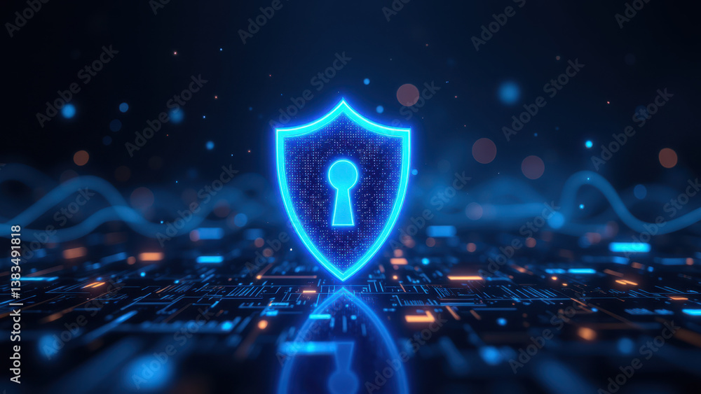 Poster a digital shield with a keyhole emblem set against a futuristic glowing circuit board background.