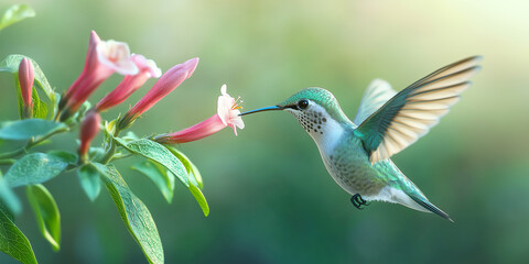 3D-Rendered Hummingbird Hovering Near a Flower with Stunning Wing Detail