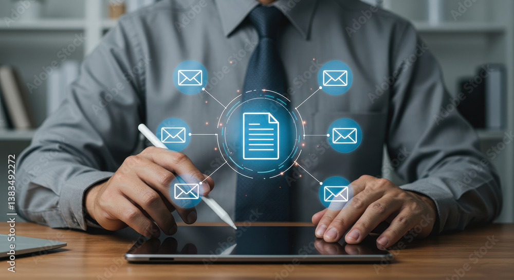 Poster digital document management: email marketing, data security & efficient workflow. businessman with t