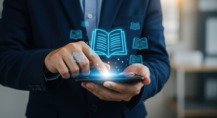 Digital Learning: Man on Phone Accessing Online Books & Education, Knowledge, Technology, E-learning, Study, Modern Education, Connection, Research