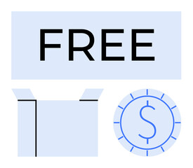 Open box alongside a dollar coin symbol under a bold Free label highlights affordability, promotions, giveaways, and limited-time deals. Ideal for marketing, sales, e-commerce, discounts, free
