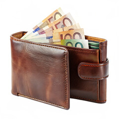 Brown Leather Wallet with Euro Banknotes – Isolated on White Background as Transparent. PNG. AI GENERATED