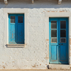 Fototapeta premium Classic Elegance: Aged White Building with Blue Wooden Accents