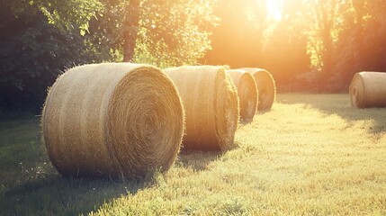 A peaceful rural farm with golden hay bales glowing under a bright summer sun.