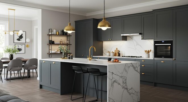 Modern Dark Gray Kitchen with Marble Island and Gold Accents