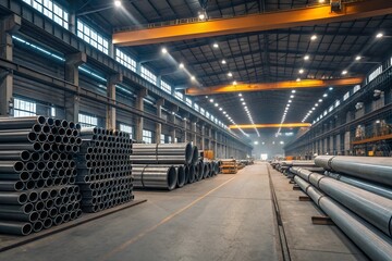  Industrial Warehouse with Stacked Metal Pipes &ndash; Steel Factory & Manufacturing Space