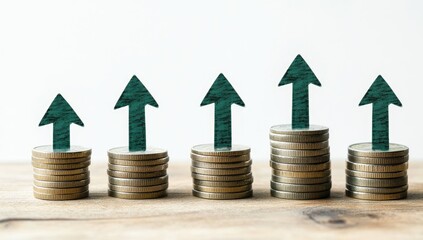 Growing stacks of coins with upward green arrows symbolizing financial growth