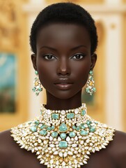 Elegant Portrait of a Beautiful Black Woman Displaying Luxurious Jewelry in a Stunning Aesthetic Setting