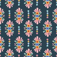 Elegant Floral Pattern with Pink, yellow and blue Flowers on Teal Background
