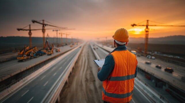 Construction worker assessing highway progress at sunset outdoor site landscape view infrastructure development