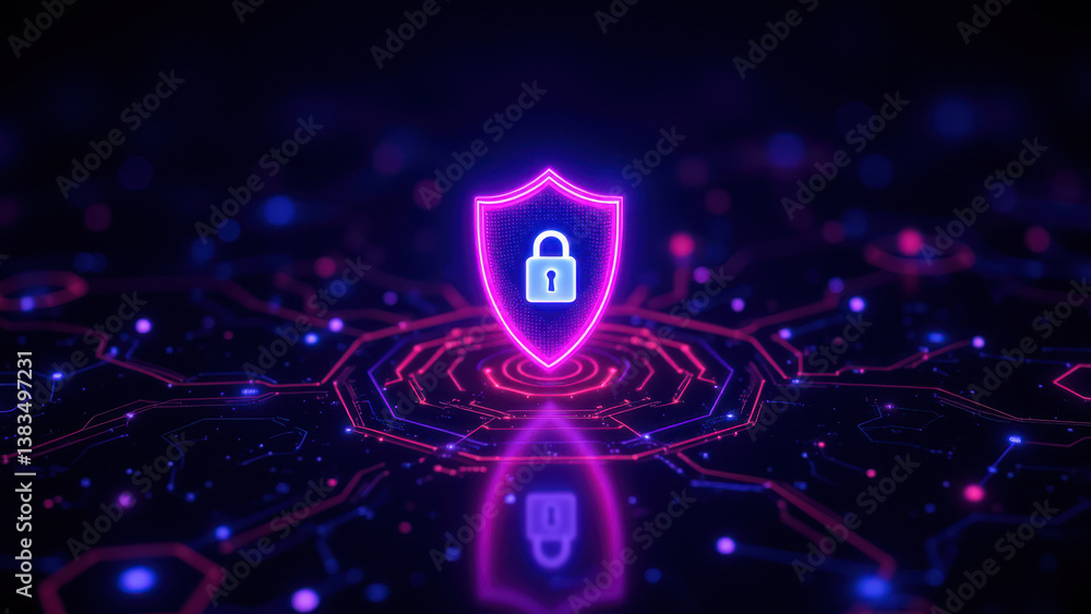 Poster cybersecurity lock shield on digital network background