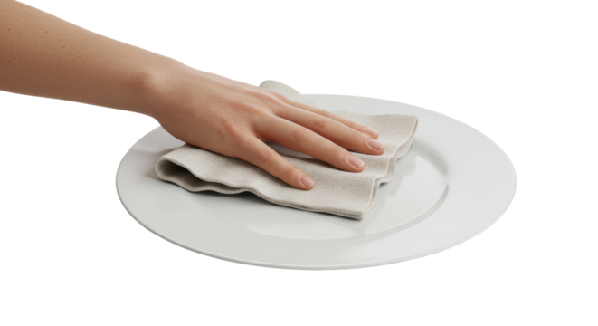 Isolated Hand Wiping White Plate with Beige Cloth