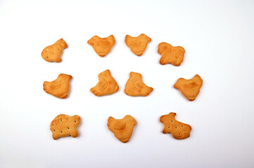 Animal-shaped cookies, crispy children's cookies, snack, dessert, pastry, cookies on a white background.