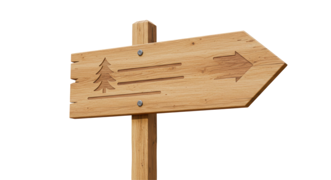 Isolated Wooden Sign Post with Arrow and Tree Carving