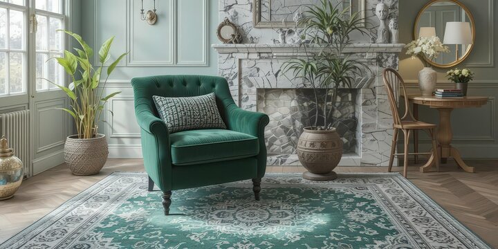  Luxury and Comfort Meet Bohemian Flair in a Green Armchair and Classic Rug Setting.
