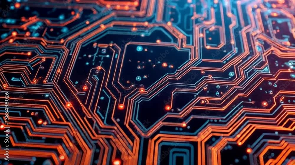 Poster intricate circuit board design showcasing orange and blue light patterns with micro tech details