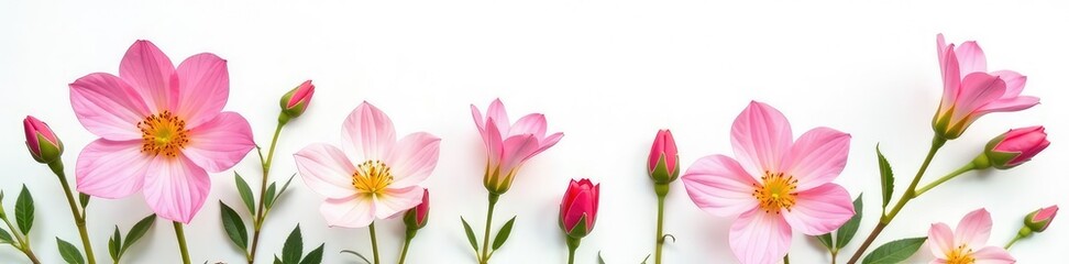 Fototapeta premium Delicate flower blooms on a pure white background, showcasing its intricate details, foliage, petals, flowers