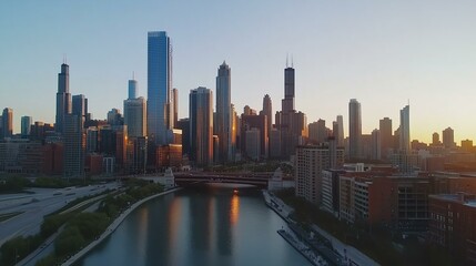 Obraz premium City skyline at sunset reflecting in the river.